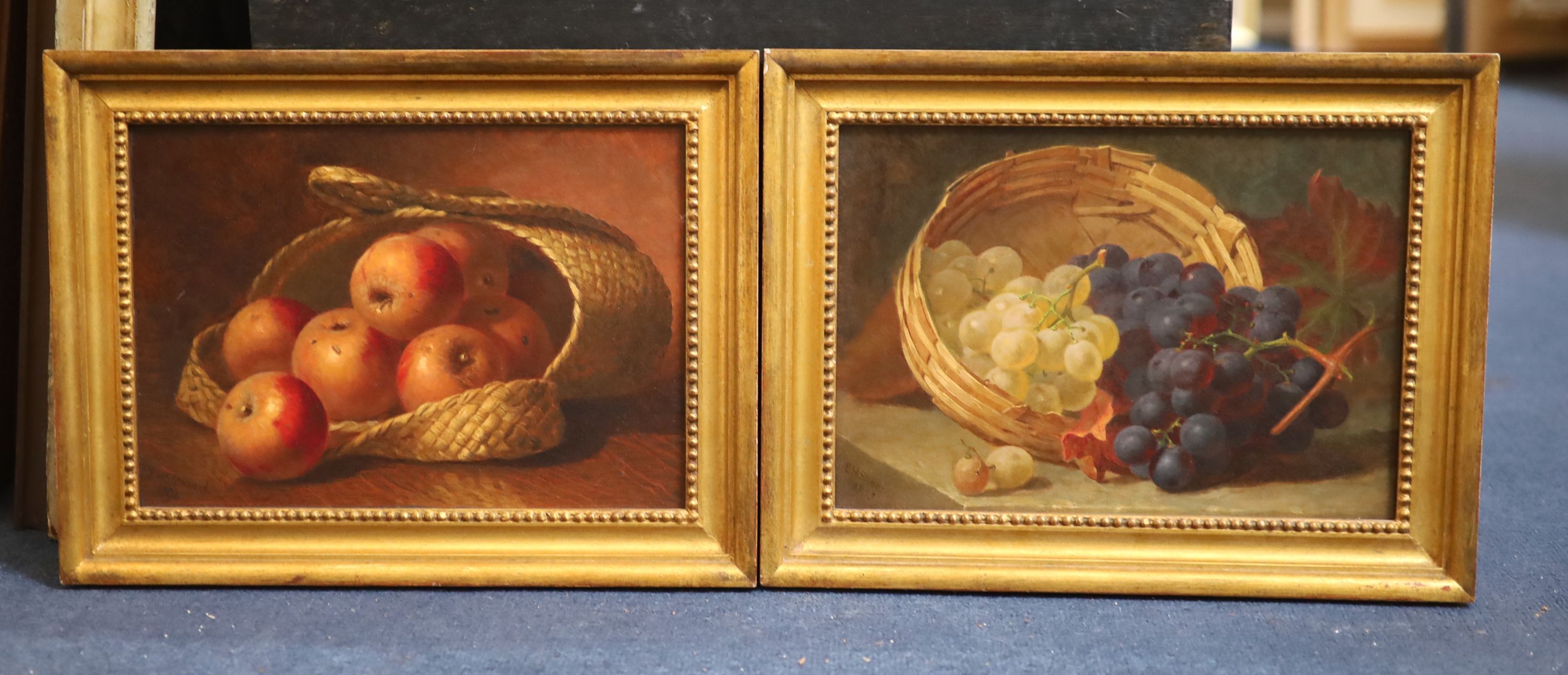 Eloise Harriet Stannard (1806-1889), Still life’s of apples and grapes in a basket, Oil on canvas, a pair, 21 x 30cm.